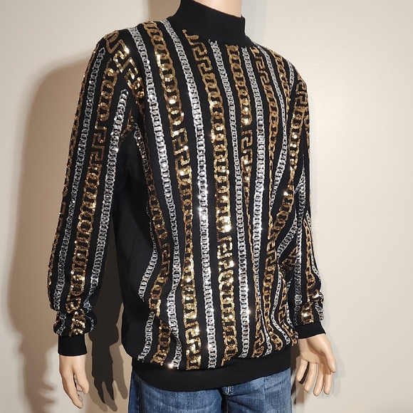 Elegant Black and Gold Sequin Crewneck Sweater - Picture 1 of 11